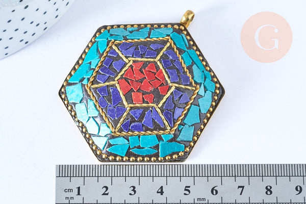 EP Pendentif Corne en laiton et pierres, pierre naturelle doré tibétain, x1 G8400