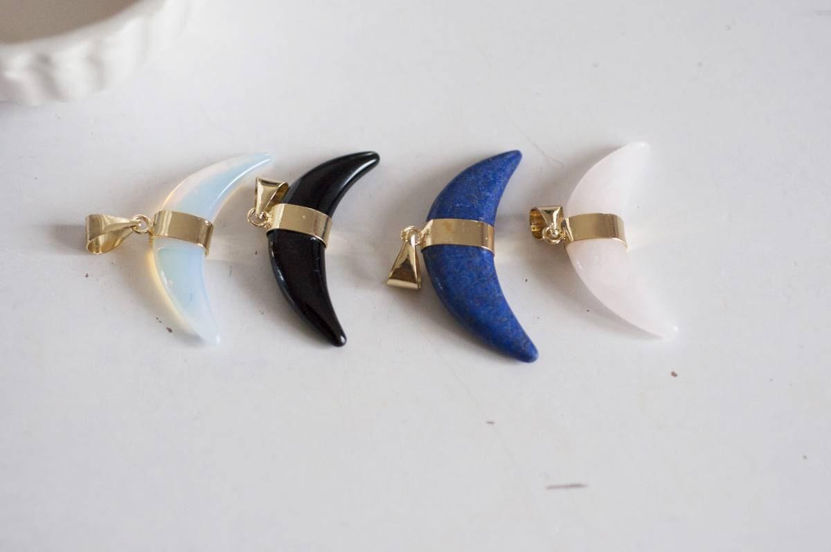 EP Pendentif Croissant lune lapis lazulis quartz rose Opalite agate noire, fournitures créatives, pendentif pierre,pierre naturelle, 43mm