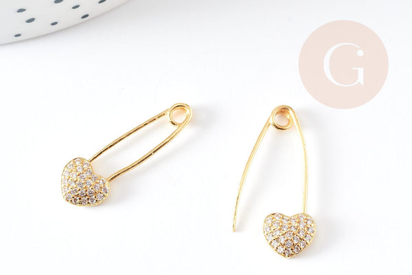 EP-Pendentif Epingle à nourrice coeur laiton doré 18k cristal 26.5mm,x1 (G3094)