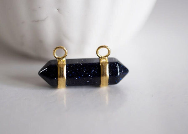 EP Pendentif Pointe double anneau Bleu nuit pailleté, pendentif pierre, support doré,bojou pierre,pierre naturelle, 32mm G5418