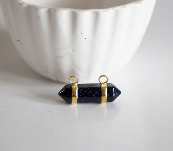 EP Pendentif Pointe double anneau Bleu nuit pailleté, pendentif pierre, support doré,bojou pierre,pierre naturelle, 32mm G5418