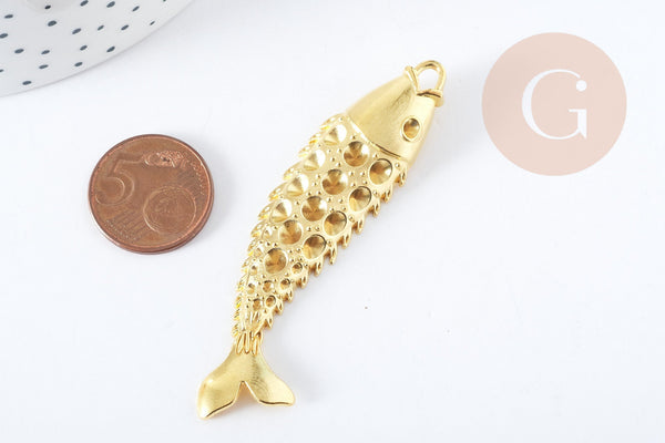 EP Pendentif Poisson Tibétain zamac doré à strasser 70mm, pendentif création bijoux x1 G8954