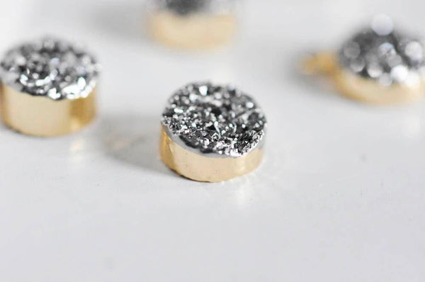 EP Pendentif agate druzy grise,fournitures créatives, agate naturelle,pendentif pierre, support doré, pierre naturelle,11mm