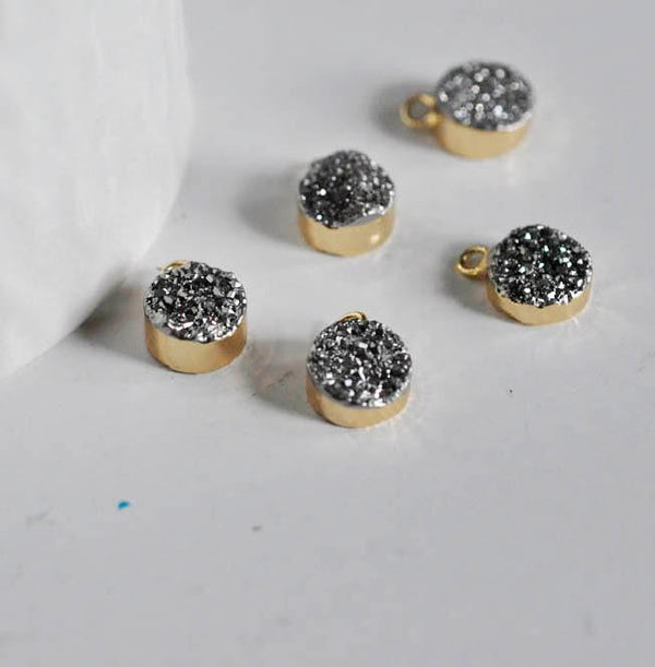 EP Pendentif agate druzy grise,fournitures créatives, agate naturelle,pendentif pierre, support doré, pierre naturelle,11mm