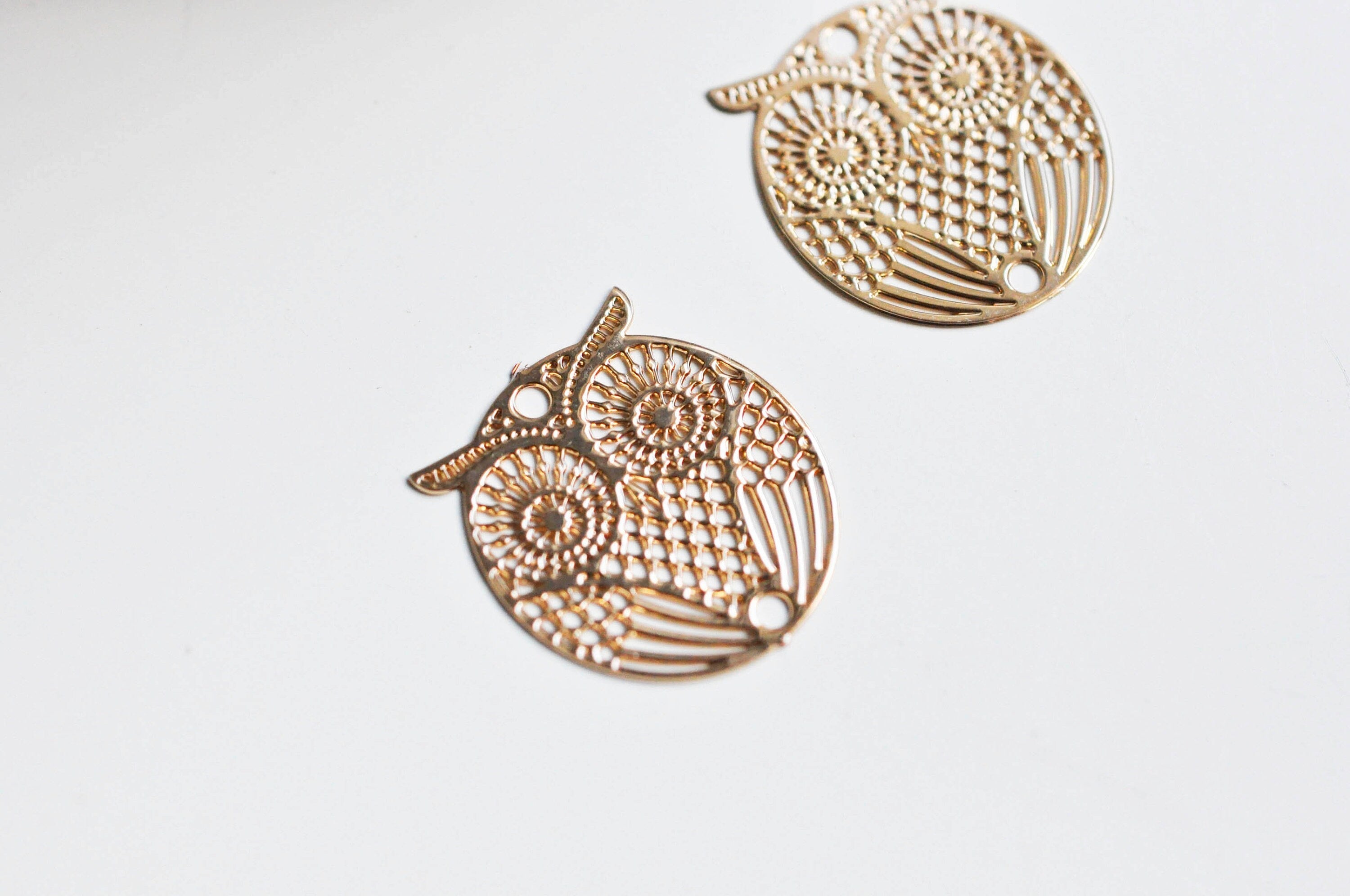 EP-Pendentif estampe filigrane chouette hibou laiton or rose 18mm, x 2, G4118