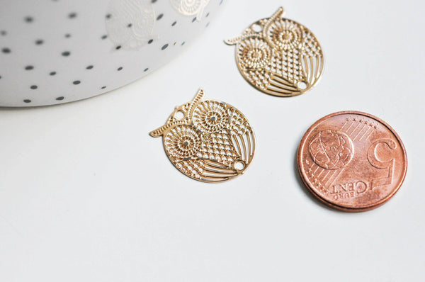EP-Pendentif estampe filigrane chouette hibou laiton or rose 18mm, x 2, G4118