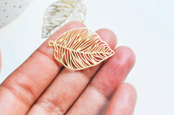 EP-Pendentif estampe filigrane feuille laiton doré 38x23mm, x2 G3691