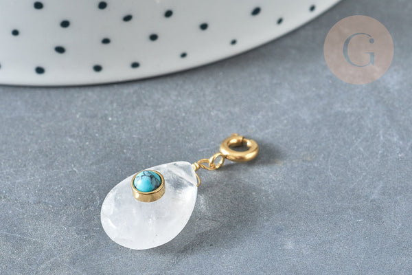 EP-Pendentif goutte amulette cristal de roche naturel acier inoxydable doré 30mm, x1 (G7631)