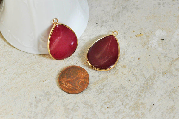 EP Pendentif goutte jade naturel bordeau doré 35mm G1349