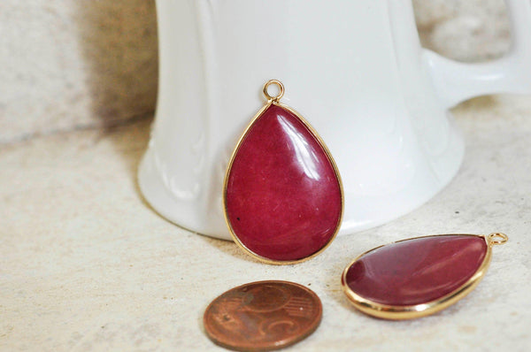 EP Pendentif goutte jade naturel bordeau doré 35mm G1349