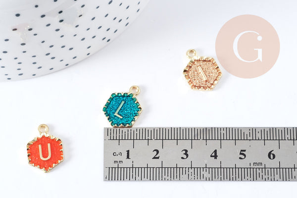 EP Pendentif hexagone lettre initiale zamac doré émail coloré 18k sans nickel 17.5mm,pendentif initale lettre mot prenom, x5 G2114