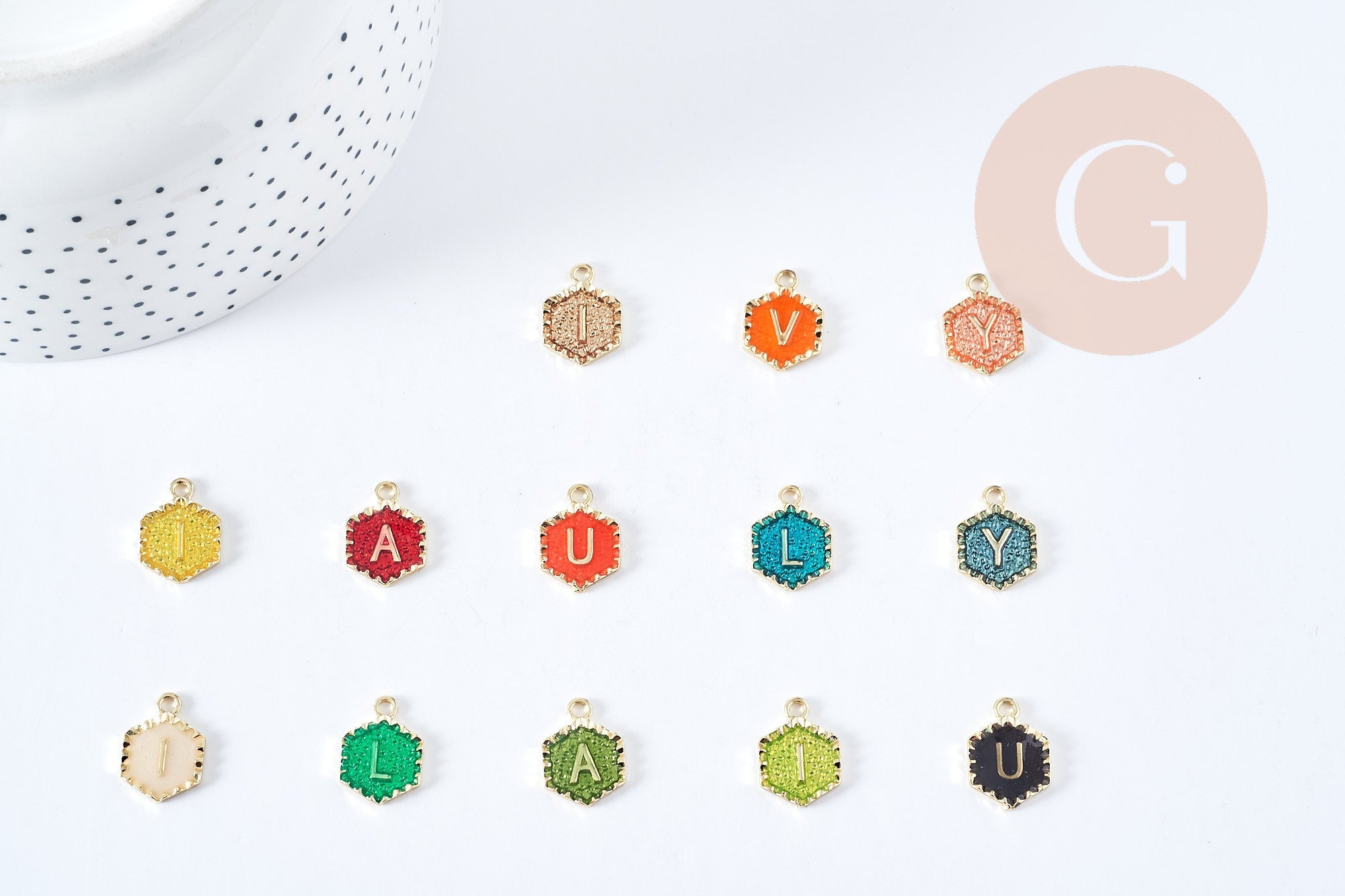 EP Pendentif hexagone lettre initiale zamac doré émail coloré 18k sans nickel 17.5mm,pendentif initale lettre mot prenom, x5 G2114