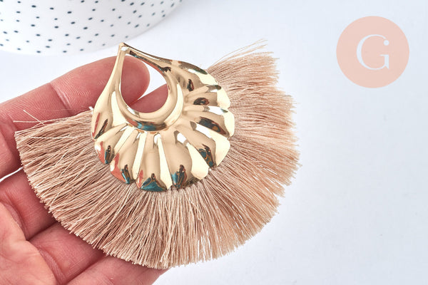 EP Pendentif large pompon fil rose beige support doré,pendentif en fil sur support doré, 85-92mm, x 2 G6839