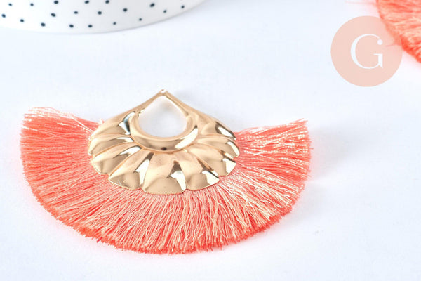 EP Pendentif large pompon fil rose corail support doré,pendentif en fil sur support doré, 85-92mm, x 2 G6838