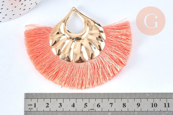 EP Pendentif large pompon fil rose corail support doré,pendentif en fil sur support doré, 85-92mm, x 2 G6838