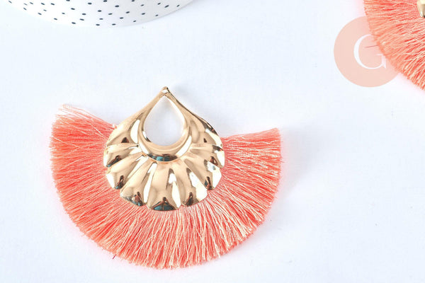 EP Pendentif large pompon fil rose corail support doré,pendentif en fil sur support doré, 85-92mm, x 2 G6838