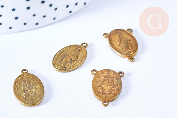 EP-Pendentif médaille ovale Vierge Marie laiton brut 3 anneaux, pendentif religion notre dame madonne, les 2 -G6559