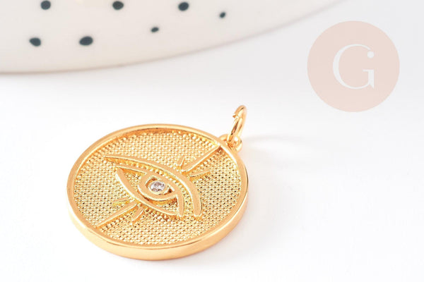 EP-Pendentif médaille ronde oeil laiton doré 18K texturé 22mm, x1 G4853