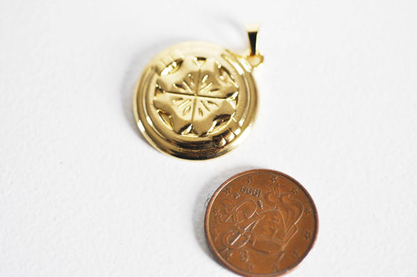 EP Pendentif médaille ronde trèfle acier doré, pendentif doré,sans nickel,laiton doré, création bijoux,médaille or,2.7cm-G1502