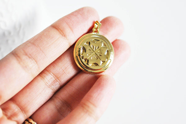 EP Pendentif médaille ronde trèfle acier doré, pendentif doré,sans nickel,laiton doré, création bijoux,médaille or,2.7cm-G1502