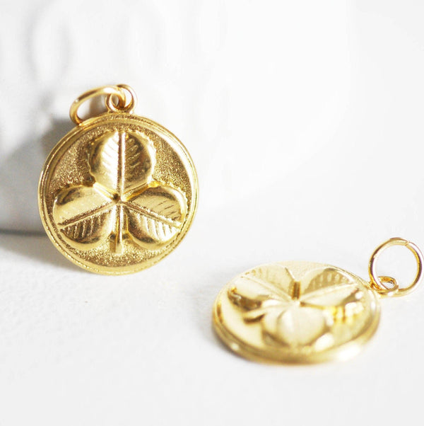 EP-Pendentif médaille ronde trèfle acier inoxydable 304 doré 23mm, x1 -G0815