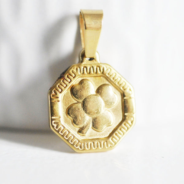 EP Pendentif médaille trèfle acier doré, pendentif doré,sans nickel,laiton doré, création bijoux,médaille or,18mm,G3061