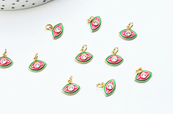 EP Pendentif petit oeil émail vert & rouge zircon doré 18K 13mm, x1 G5018