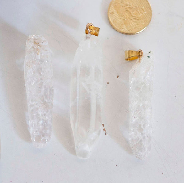 EP Pendentif pointe cristal craquelé transparent doré, fournitures créatives, pendentif pierre, cristal naturel, pendentif cristal,G2803