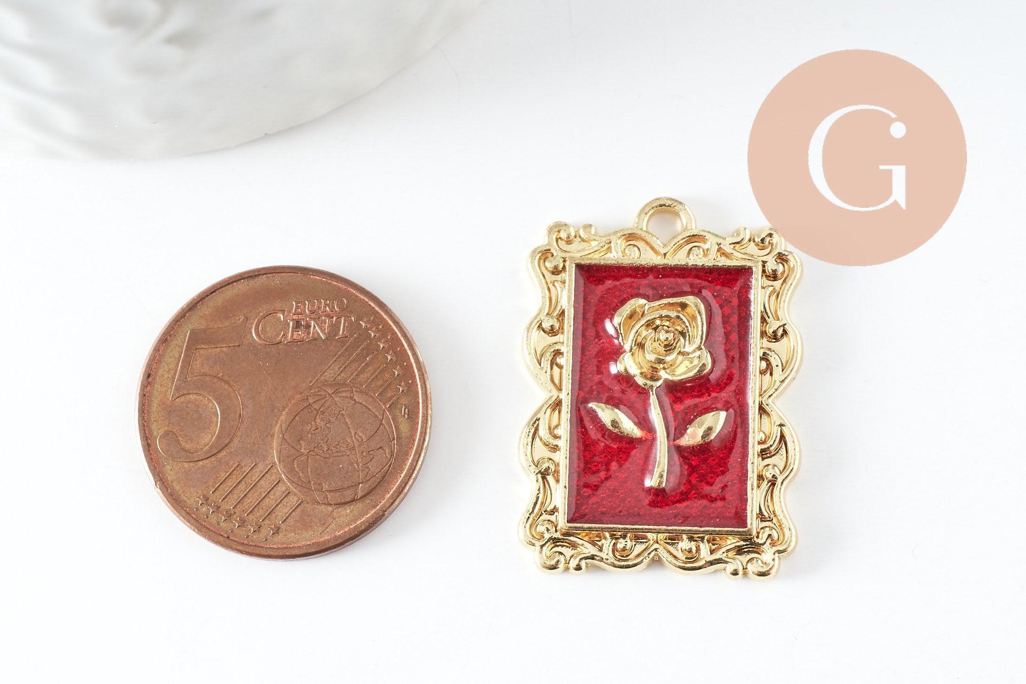 EP-Pendentif rectangle fleur rose émail rouge 27.5mm, x1 (G3713)