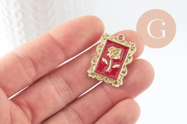 EP-Pendentif rectangle fleur rose émail rouge 27.5mm, x1 (G3713)