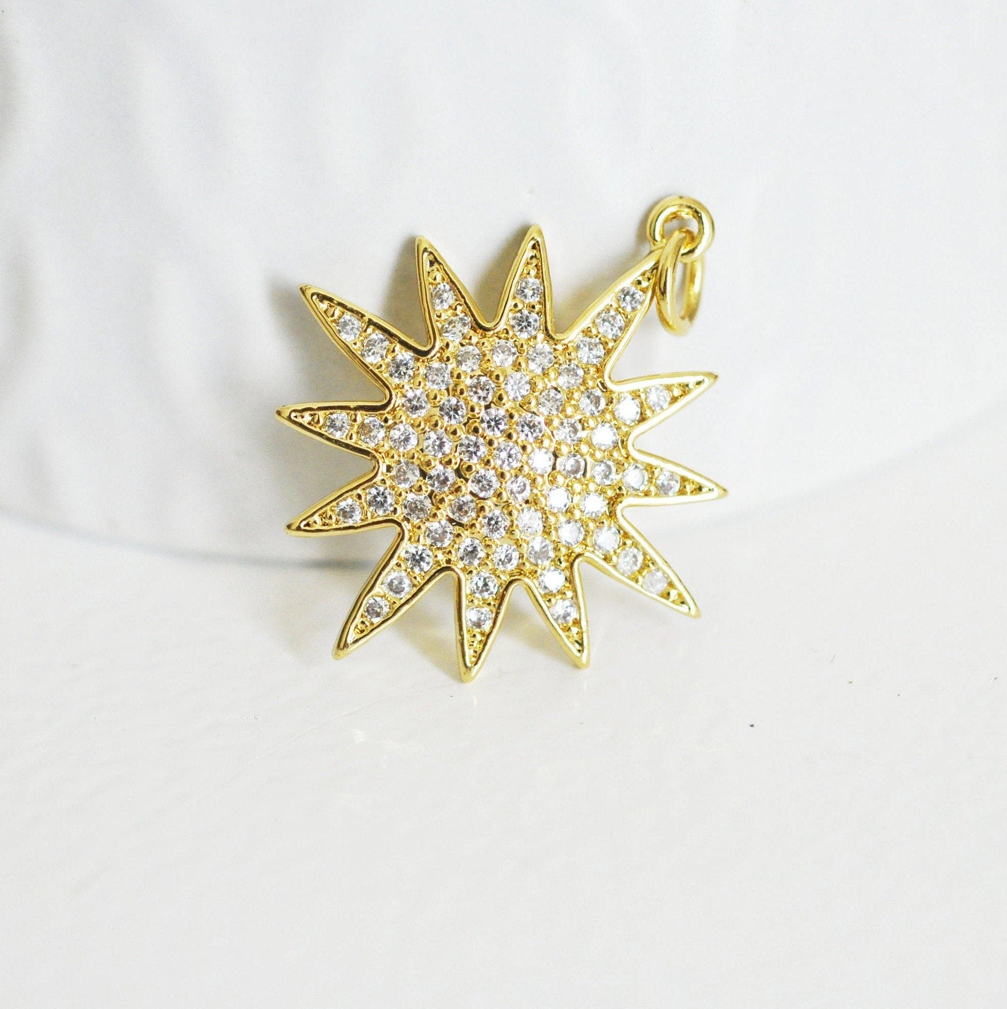 EP-Pendentif soleil laiton doré 18k zircon, pendentif en cristal pour création bijoux porte bonheur pour femme en zircon,27mm, x1 G5269