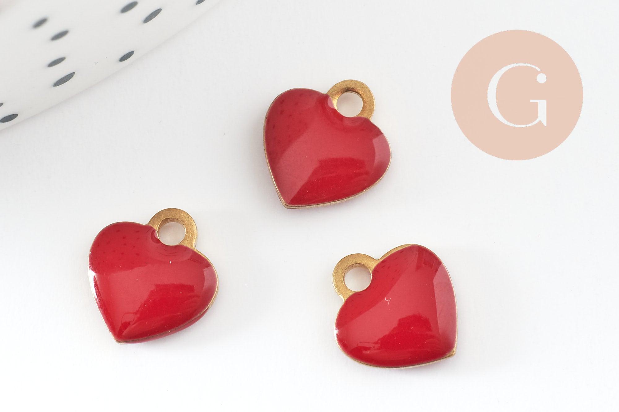 EP-Pendentifs doré cœur émail rouge, pendentif coeur,fournitures créatives, laiton brut, pendentif amour,10mm, x10 G1911
