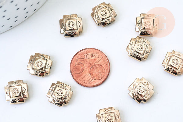 EP Perle carrée gravée zamac doré 12mm, perles dorées, création bijoux, perles intercalaires, Perle carré, x 2 G5873