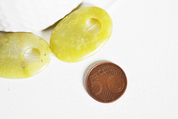 EP Perle ovale trouée jade jaune,pierre précieuse,pierre naturelle,jade jaune naturel,perle pierre roulée,bijou pierre,32mm, x1,G2623