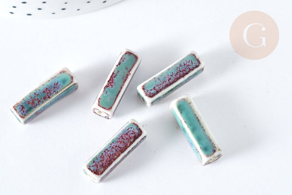 EP Perle porcelaine rectangle bleu clair 25~29mm,création bijoux céramique, x 5 G7480