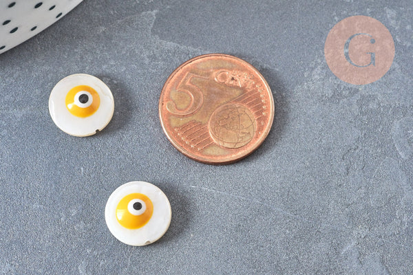 EP-Perle ronde nacre blanche mauvais oeil couleur jaune 12 mm, x10 G6819