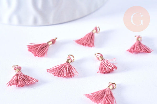 EP Pompon vieux rose polyestère support doré,décoration pompon, pompon boucles,fabrication bijoux bohème,10-15mm,les 10