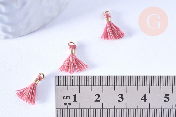 EP Pompon vieux rose polyestère support doré,décoration pompon, pompon boucles,fabrication bijoux bohème,10-15mm,les 10