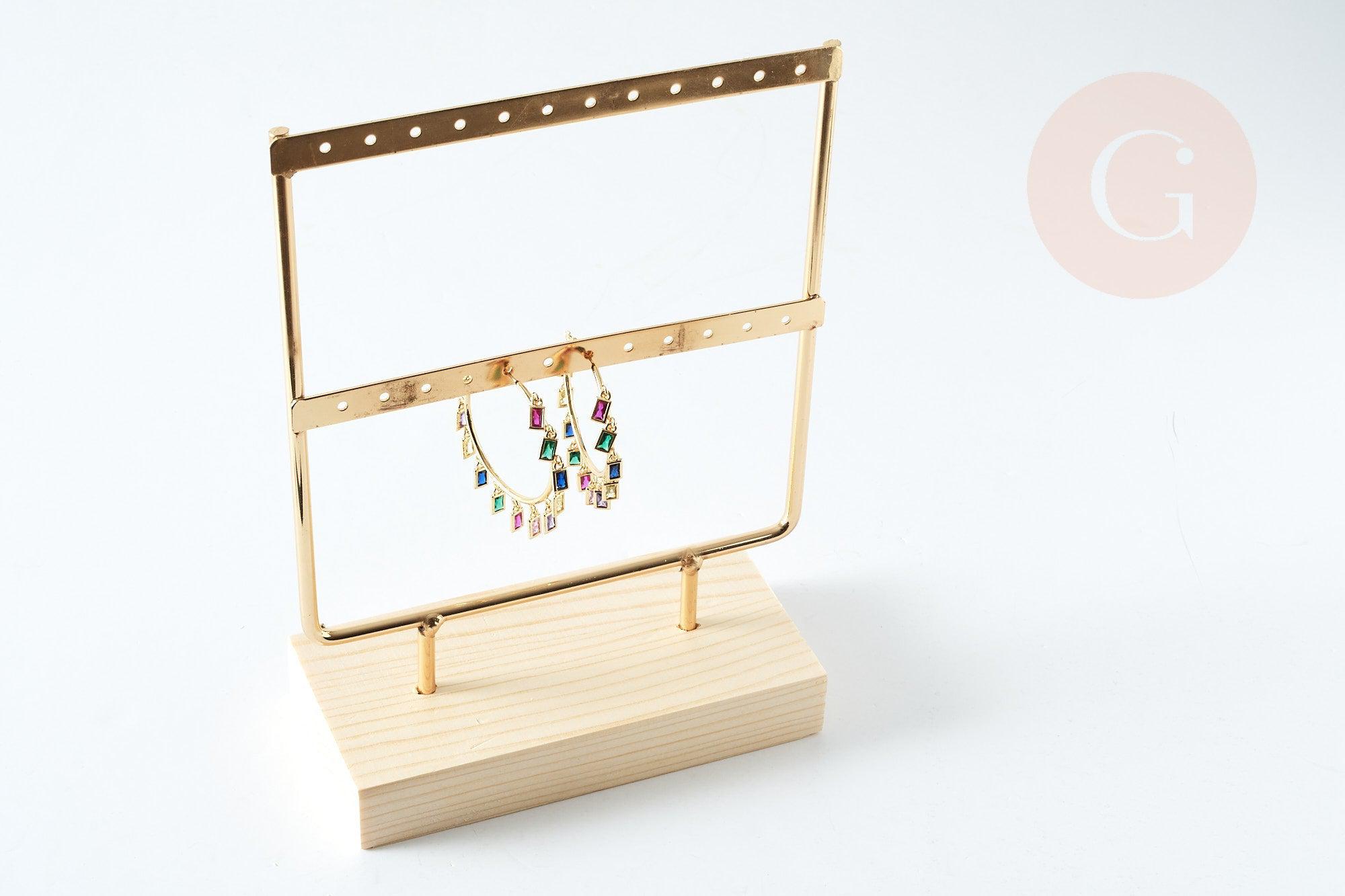 EP Présentoir à bijoux boucles d'oreilles laiton doré socle bois 20.7cm 2 rangées, x1 G8377