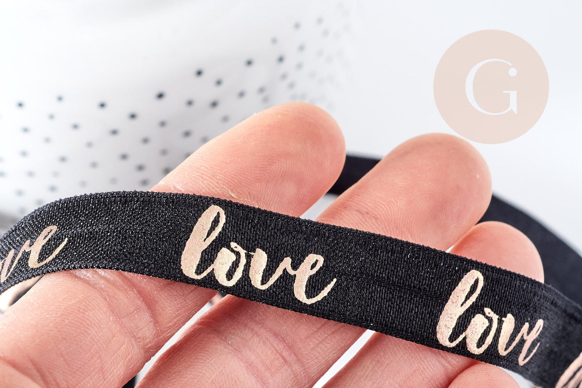 EP Ruban Élastique Large 16mm "LOVE" Or Rose sur Fond Noir – Idéal Bracelet EVJF & Couture X1 mètre (G8310) (adn)