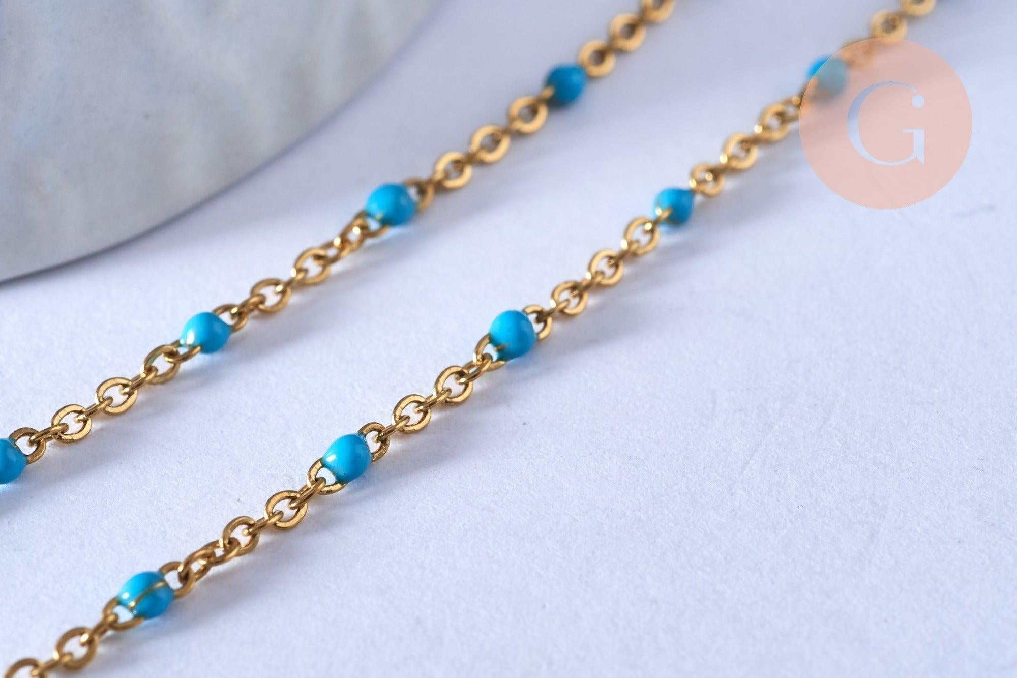 EP-chaine de cheville acier doré 14k résine bleu clair chaine dorée 1.5-2mm/23cm, x1 (G3660)