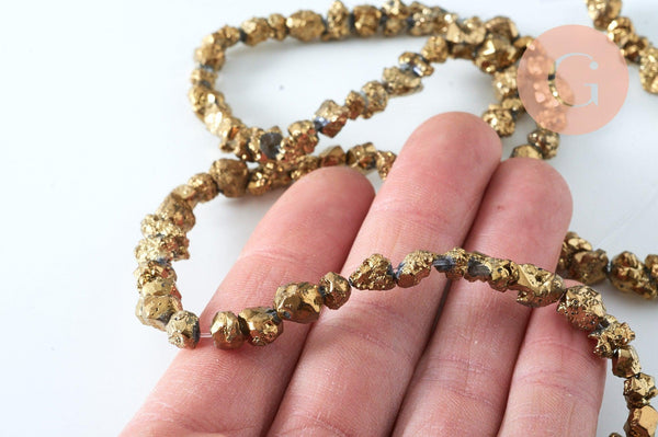 EP perle nuggets quartz brut dorée perle ronde 8-12mm, x1 fil de 40cm G6186