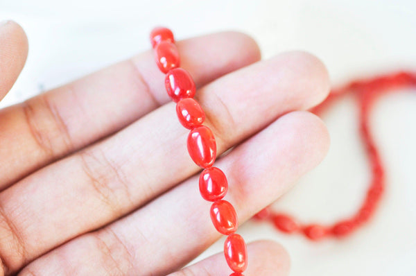 EP perle ovale corail rouge, perles corail, fabrication bijoux,corail rouge,corail naturel, 9-13x6-7.5mm, le fil 35 perles G5034