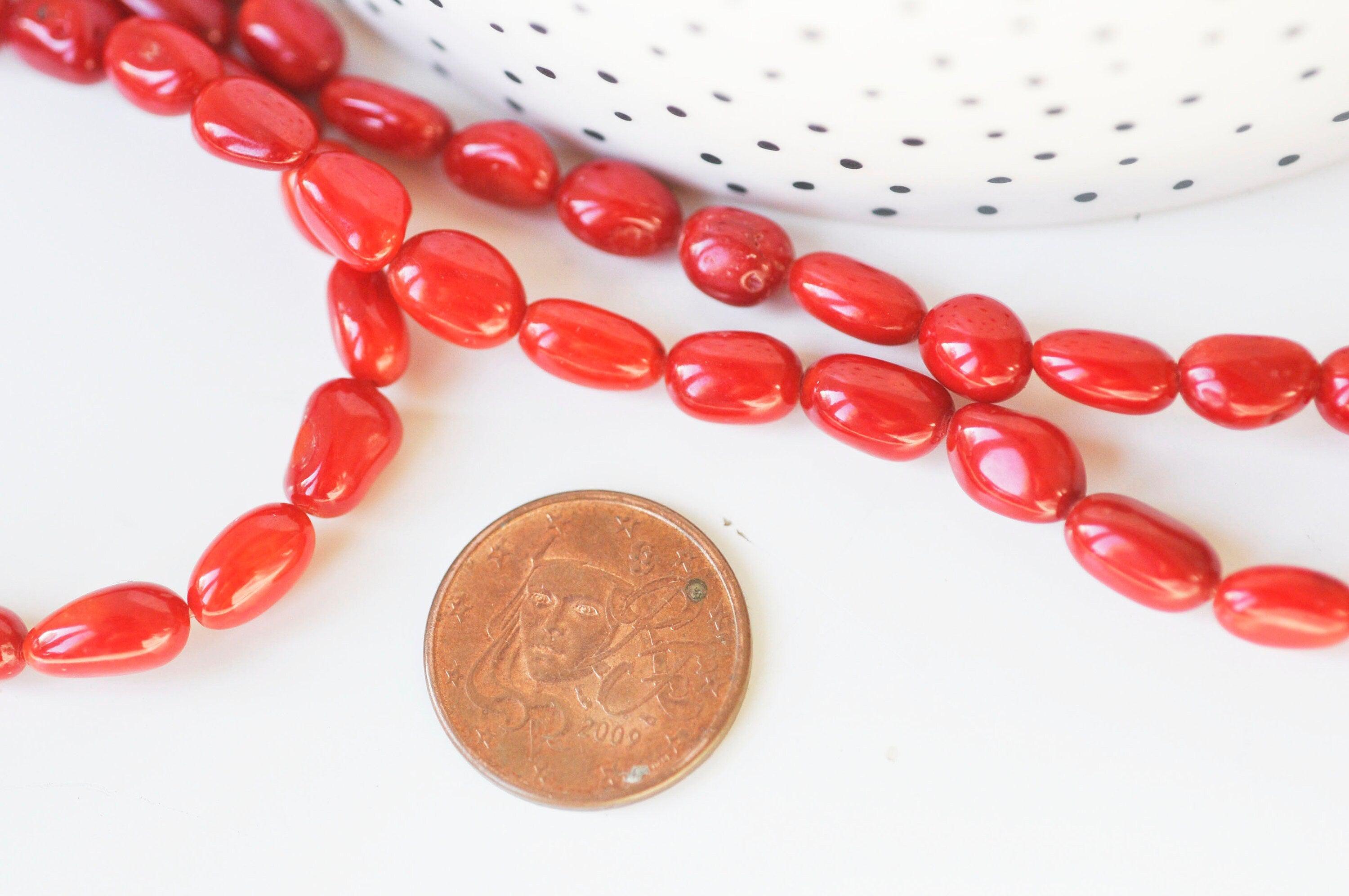 EP perle ovale corail rouge, perles corail, fabrication bijoux,corail rouge,corail naturel, 9-13x6-7.5mm, le fil 35 perles G5034