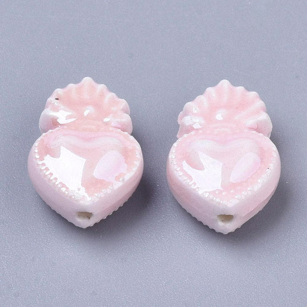 EP perle porcelaine rose clair coeur irisé,perle céramique, fabrication bijoux, céramique blanche, x 20, 16mm G4587