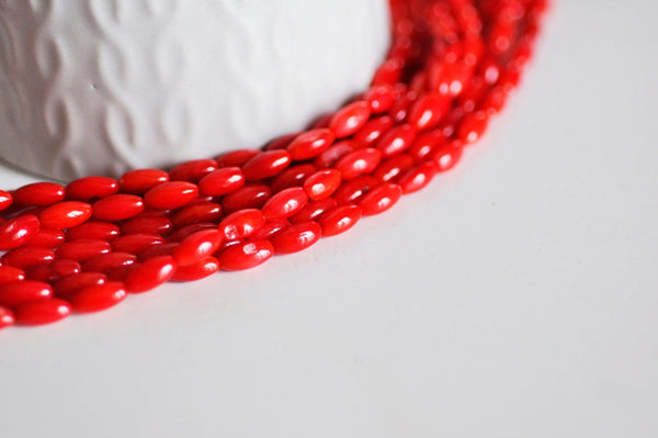 EP perles ovales corail naturel teinté rouge 4x8mm, perles coquillage fabrication bijoux, x1 fil de 39cm - G533