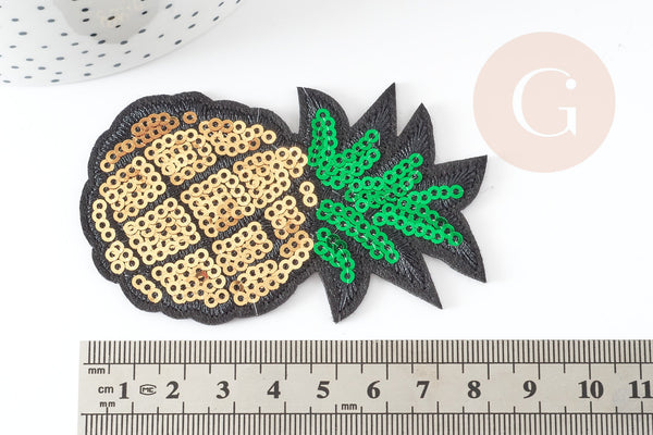 Ecusson brodé à repasser ananas jaune vert doré customisation vêtement, écusson thermocollant fruit,patch brodé,83mm, x1 G5078