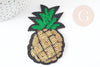 Ecusson brodé à repasser ananas jaune vert doré customisation vêtement, écusson thermocollant fruit,patch brodé,83mm, x1 G5078