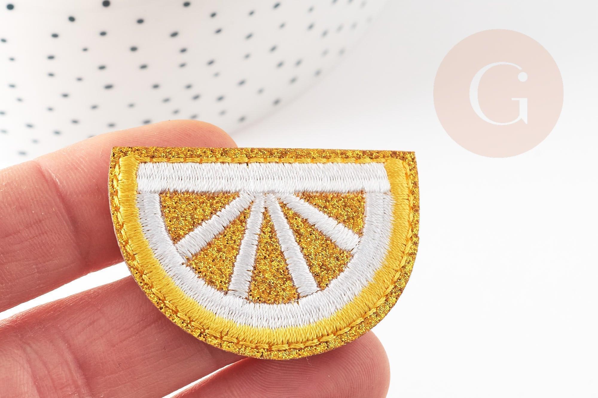 Ecusson brodé à repasser citron jaune doré customisation vêtement 46.5mm, écusson thermocollant fruit, x2 G2861