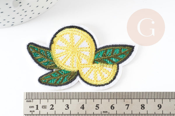 Ecusson brodé à repasser citron jaune doré customisation vêtement, écusson thermocollant fruit, x2 G5080